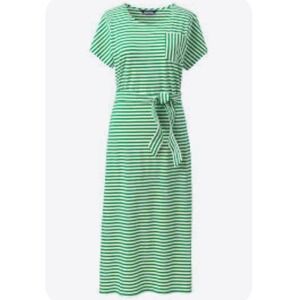Lands End Green White Stripe Jersey Knit Midi Dress Belted Pocket Short Sleeve